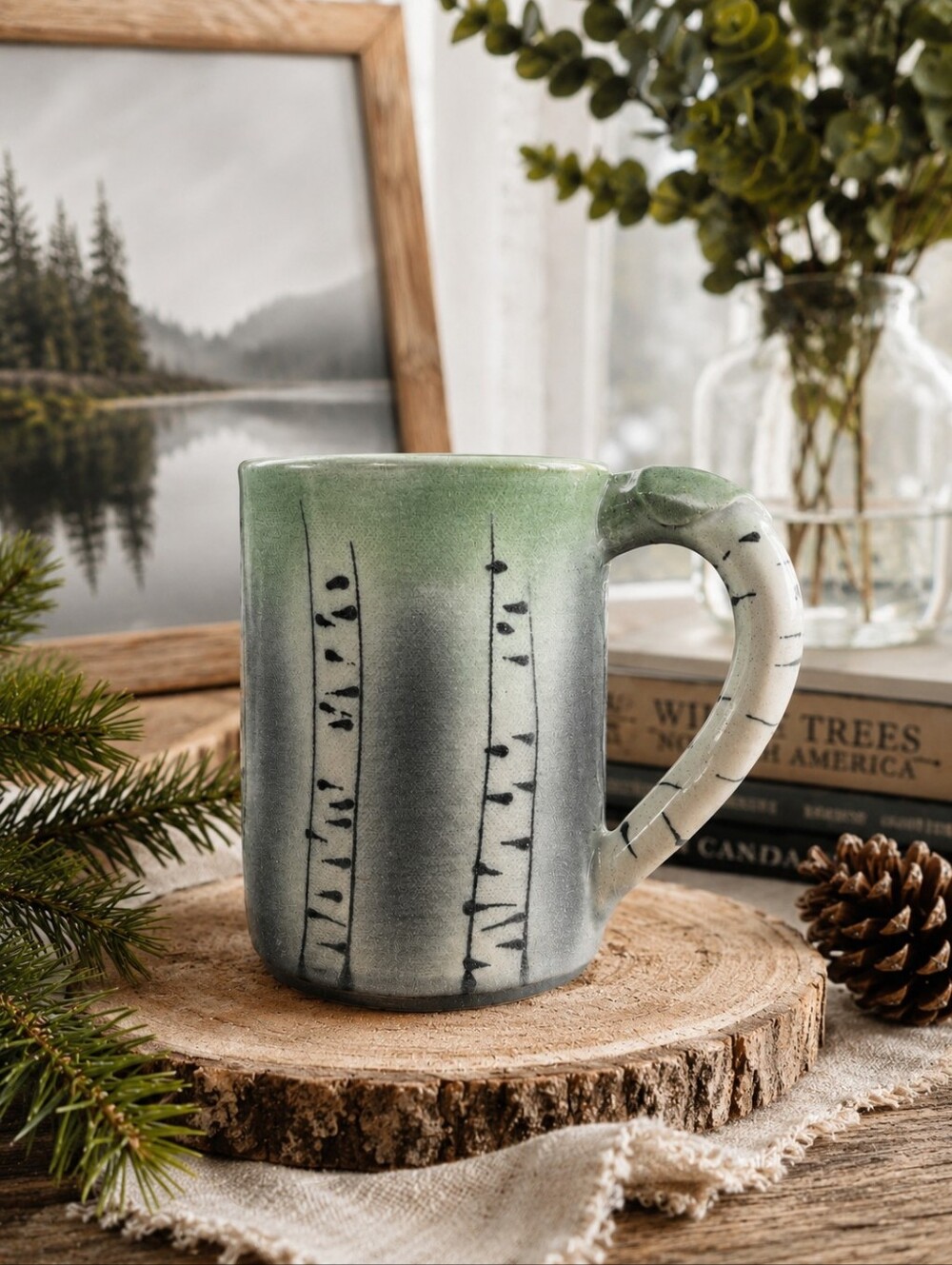 🇨🇦 Susan Robertson Pottery Birch Tree Mug Handmade Canada Stoneware Cabin